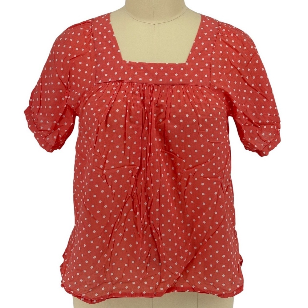 Rebecca Malone Blouse Coral Polka Dot Square Neck Puff Sleeve 100% Cotton 2X